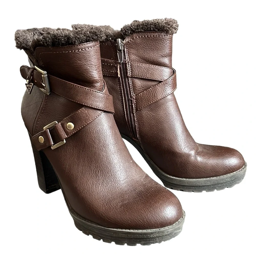 GUESS Women's Kavin Brown Buckle Lug Sole Ankle Boots